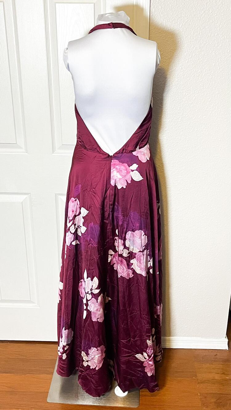 DB Studio Dress Womens 6 Purple Floral Satin Halter Maxi Open Back Prom Gown - Picture 2 of 14